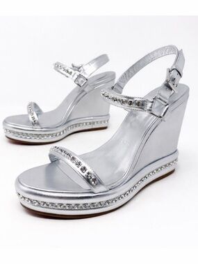 Christian Louboutin Pyrastrass Silver Crystal Wedge Sandals Womens Size EU 39